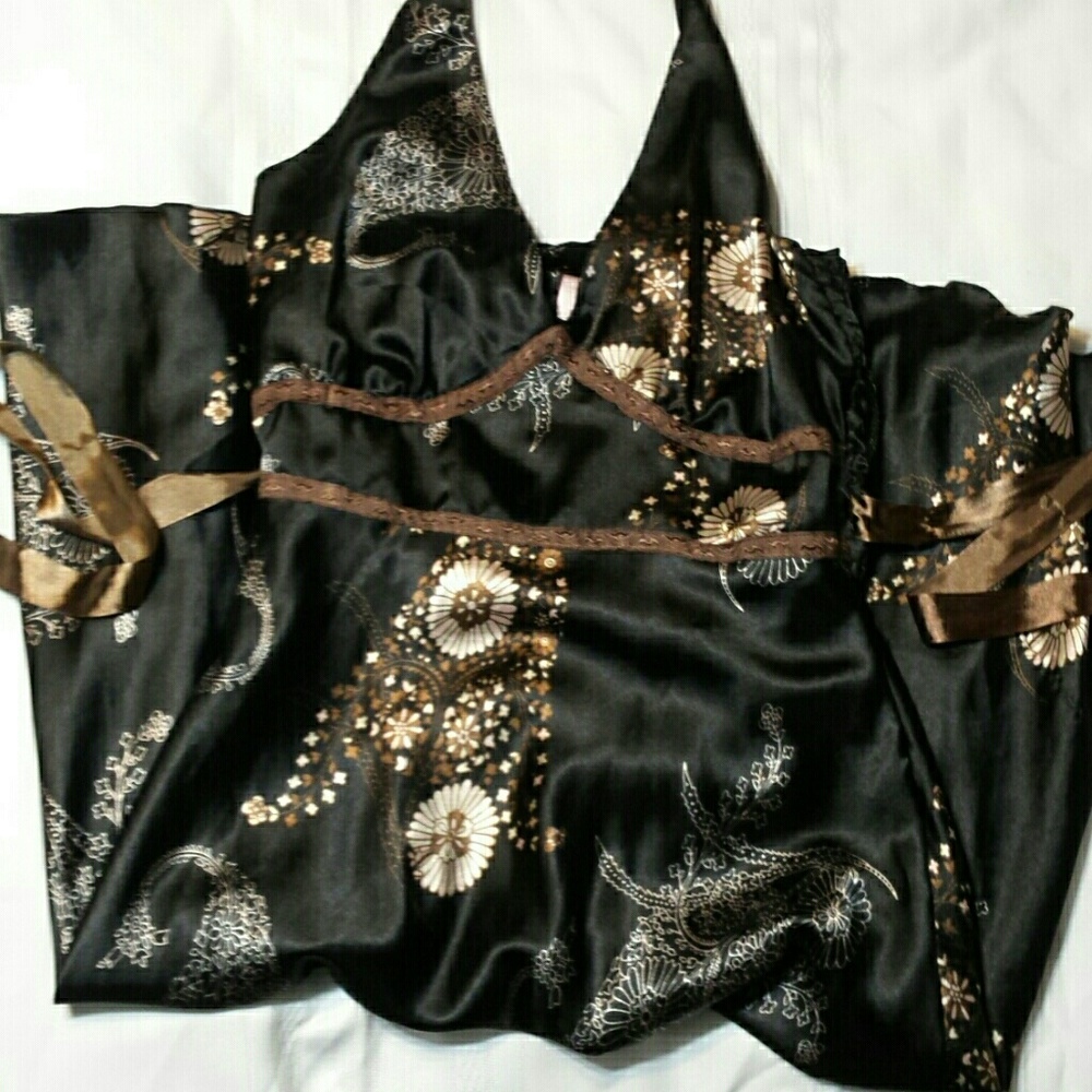 Black multi colored satin halter dress